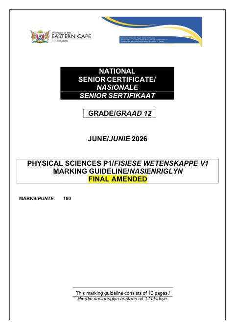 Physical Sciences Grade 12 DBE Caps May/June 2026 Paper 1 - Memo (Eastern Cape)