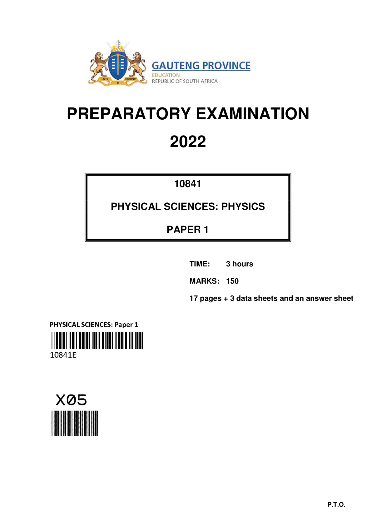 Physical Sciences Paper 1 (Gauteng) Preparatory 2022 Grade 12 DBE