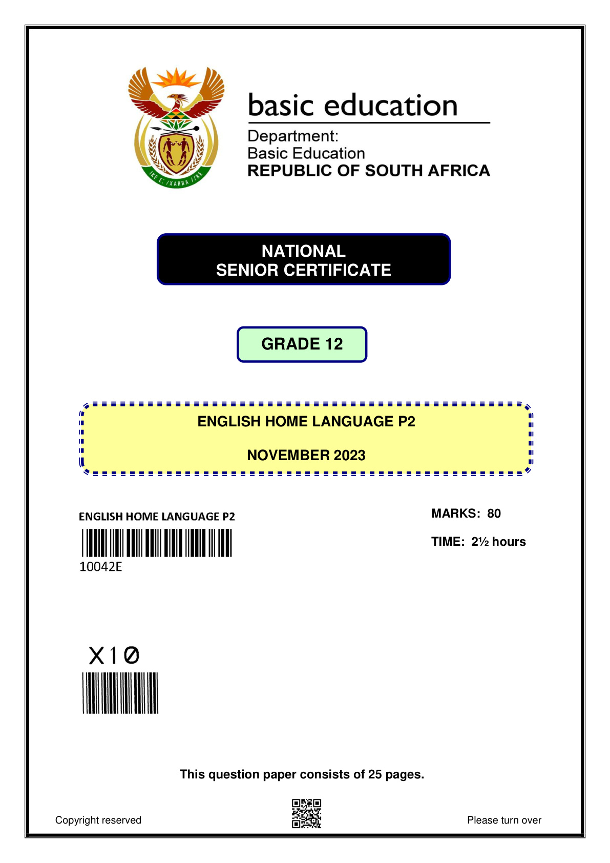English Home Language Paper 2 (Gauteng) November 2023 Grade 12 DBE