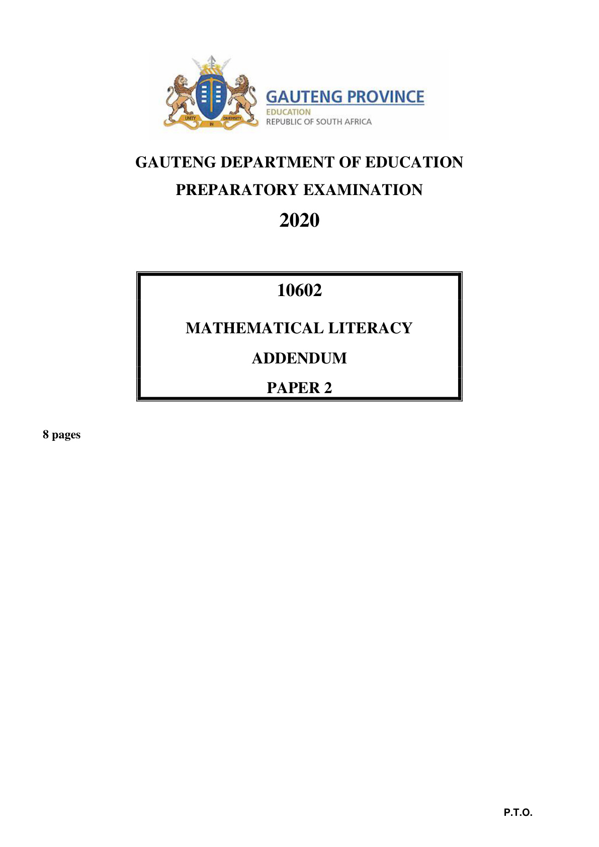 Mathematical Literacy Paper 2 Addendum (Gauteng) Preparatory 2020 Grade 12 DBE