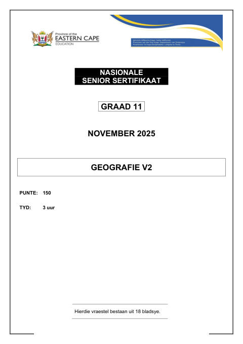 Geography Grade 11 DBE Caps November 2025 Paper 2 - Question Paper (Eastern Cape)