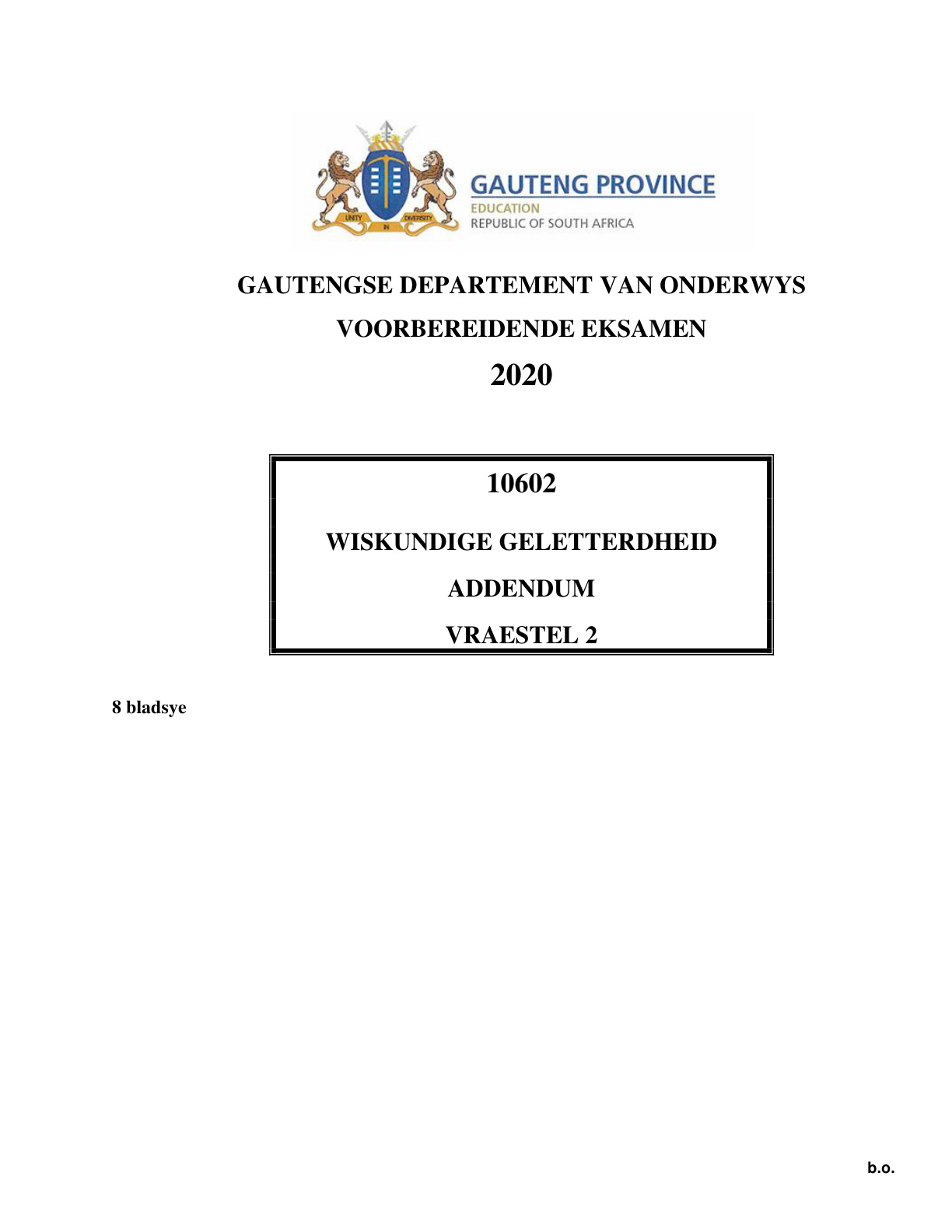 Mathematical Literacy Paper 2 Addendum (Gauteng) Preparatory 2020 Grade 12 DBE