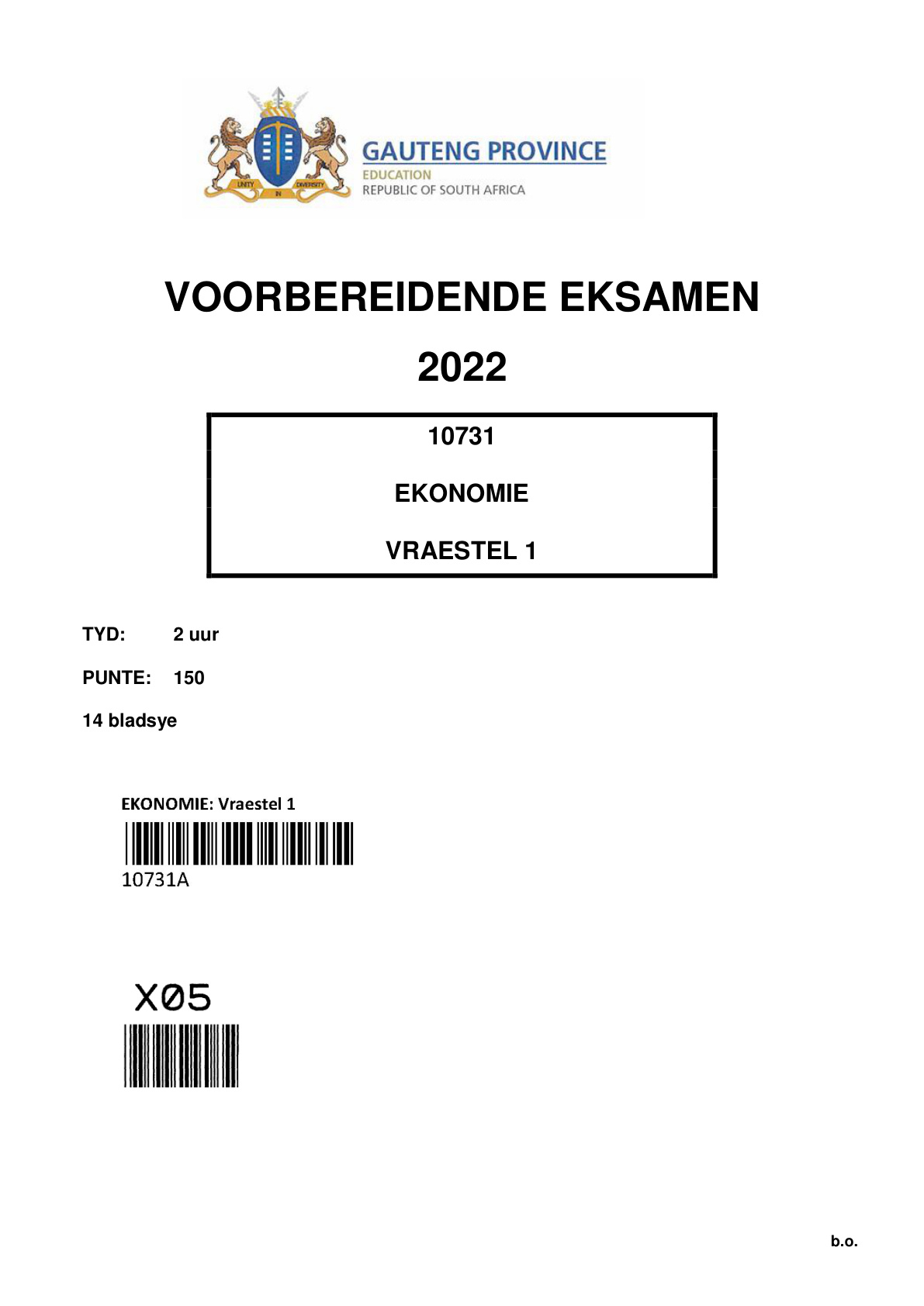 Economics Paper 2 (Gauteng) Preparatory 2022 Grade 12 DBE
