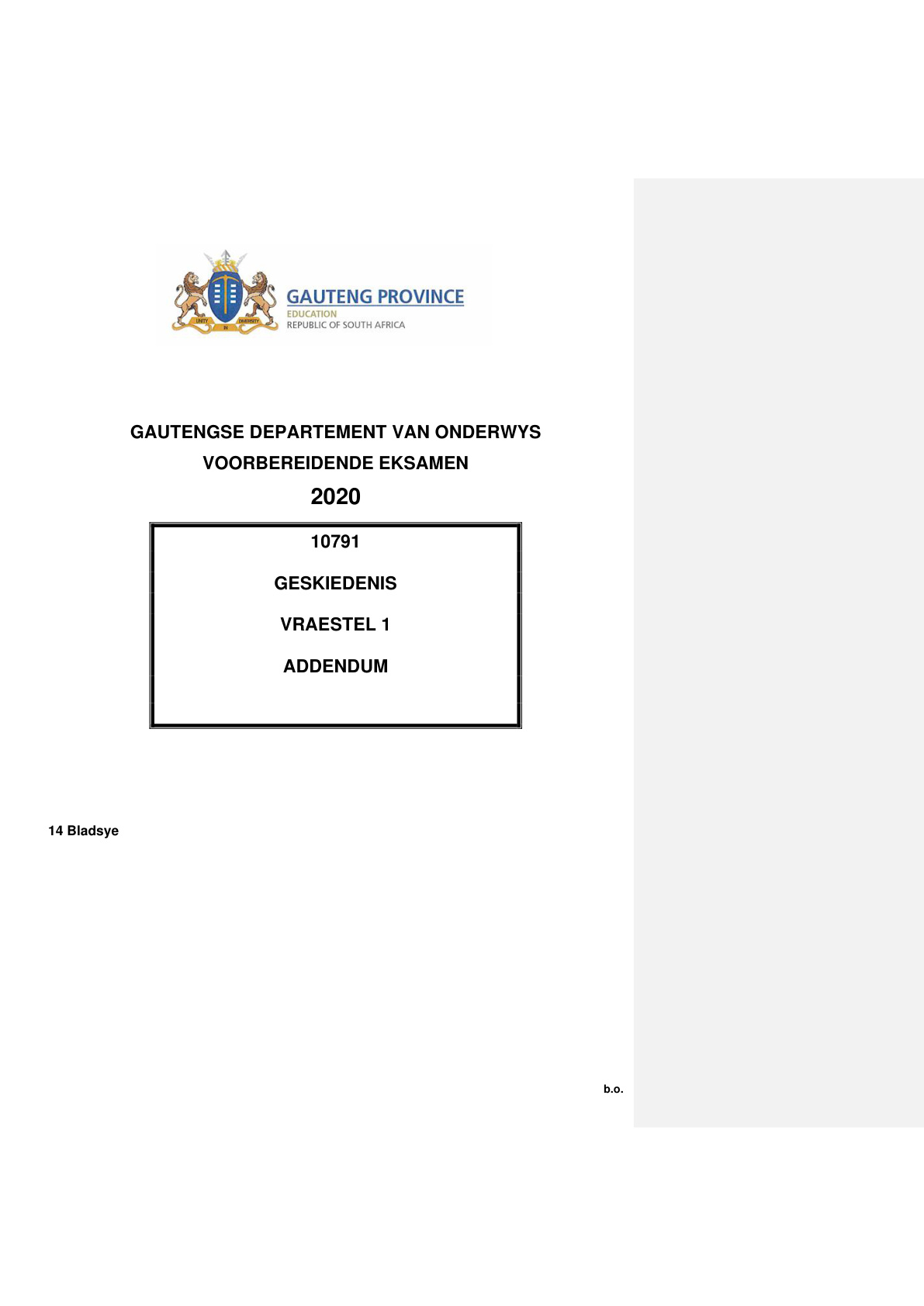 History Paper 1 Addendum (Gauteng) Preparatory 2020 Grade 12 DBE