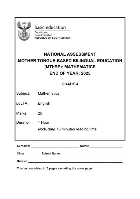 Mathematics Grade 4 DBE CAPS November 2025 - Question Paper (Eastern Cape)