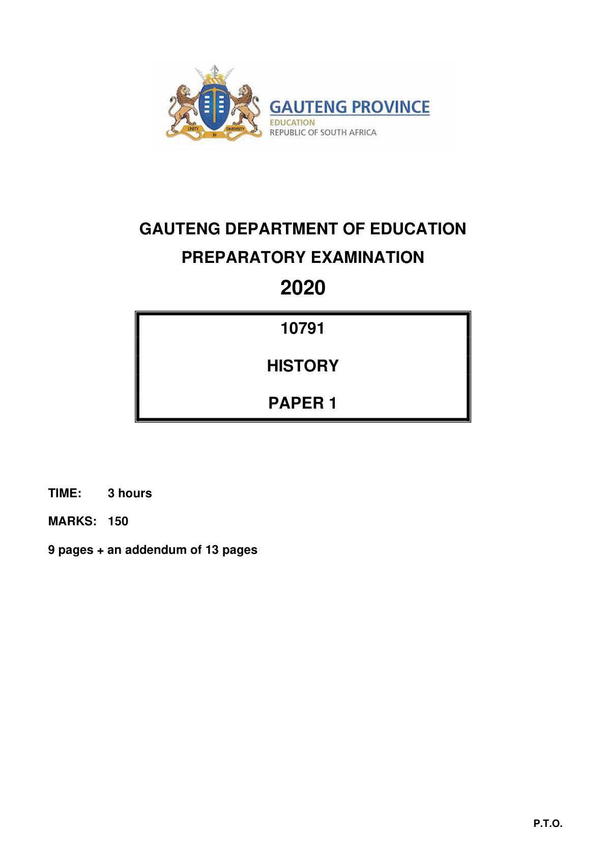 History Paper 1 (Gauteng) Preparatory 2020 Grade 12 DBE
