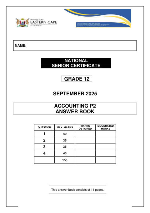 Accounting Grade 12 DBE Caps September 2025 Paper 2 - Answer Book (Eastern Cape)