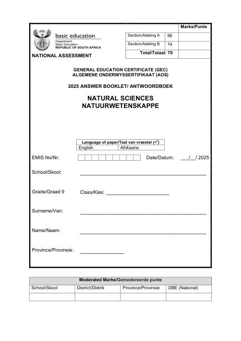 Natural Sciences And Technology Grade 9 DBE Caps Gec 2025 - Answer Book (Eastern Cape)