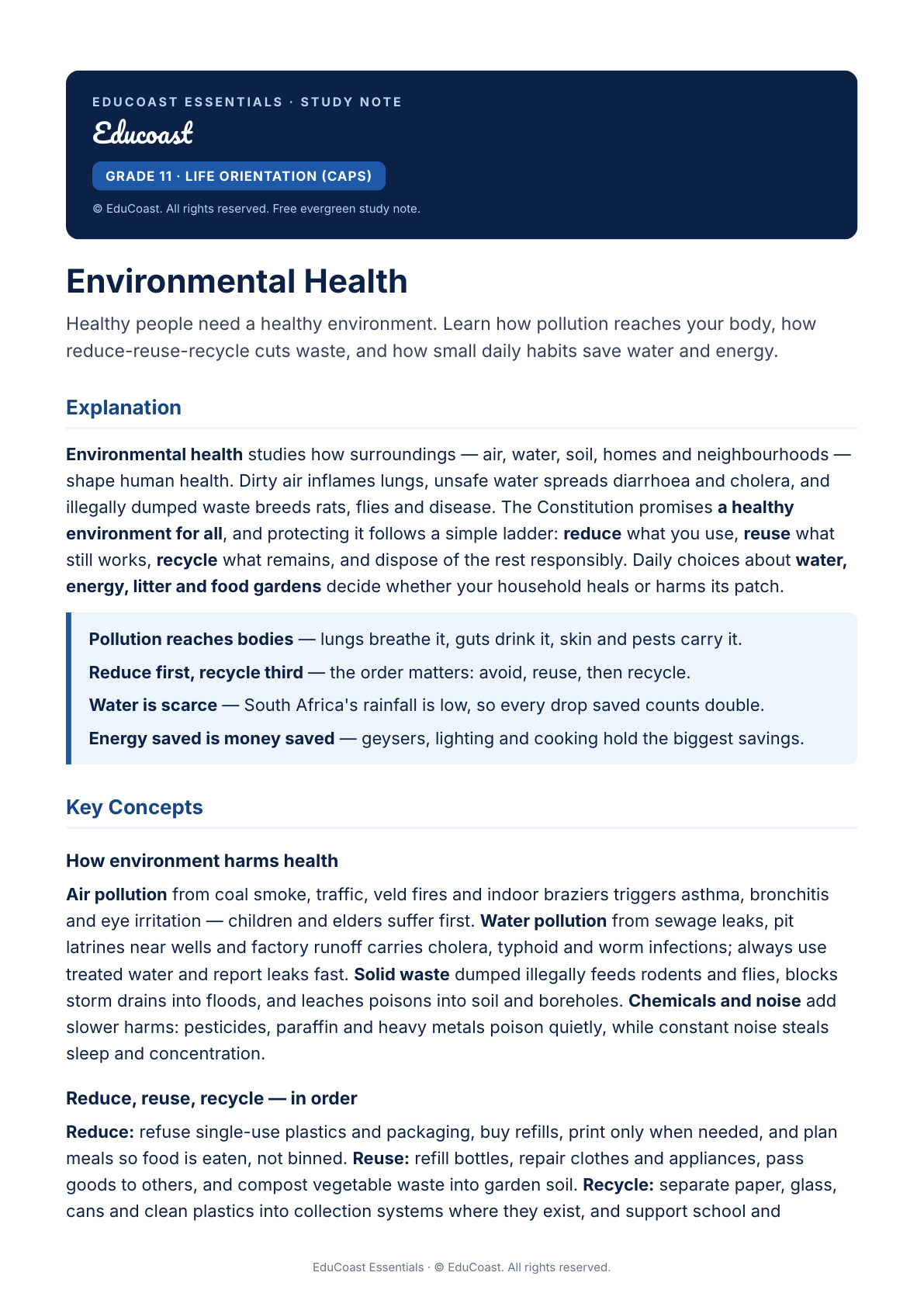 Environmental Health — Grade 11 Life Orientation (Caps)