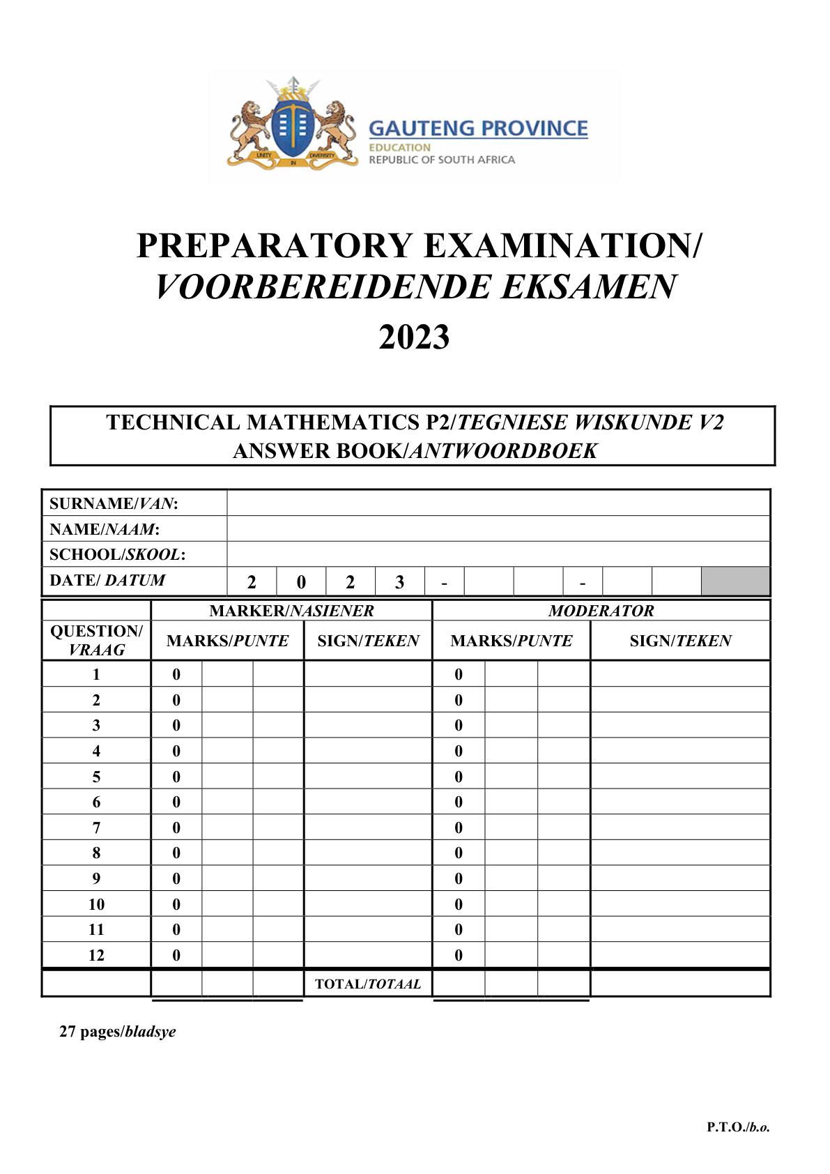 Technical Mathematics Paper 2 Answer Book (Gauteng) Preparatory 2023 Grade 12 DBE