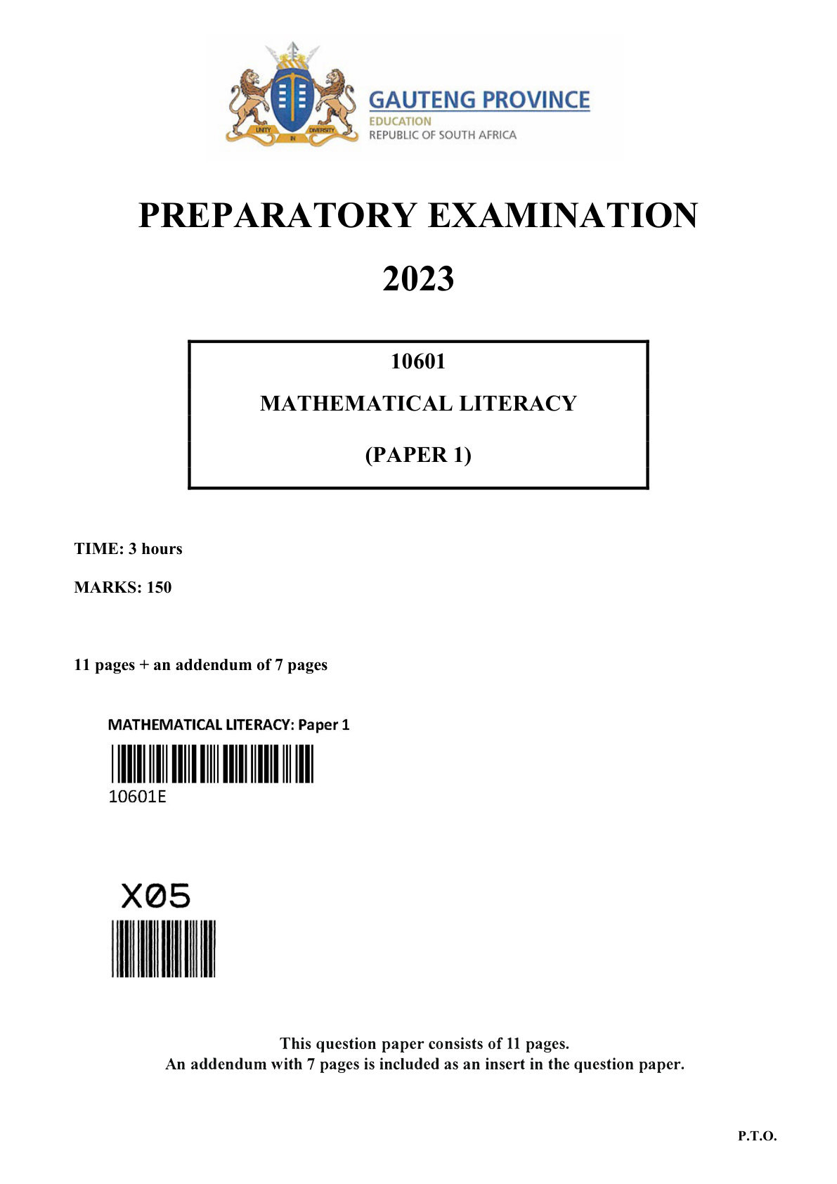 Mathematical Literacy Paper 1 (Gauteng) Preparatory 2023 Grade 12 DBE