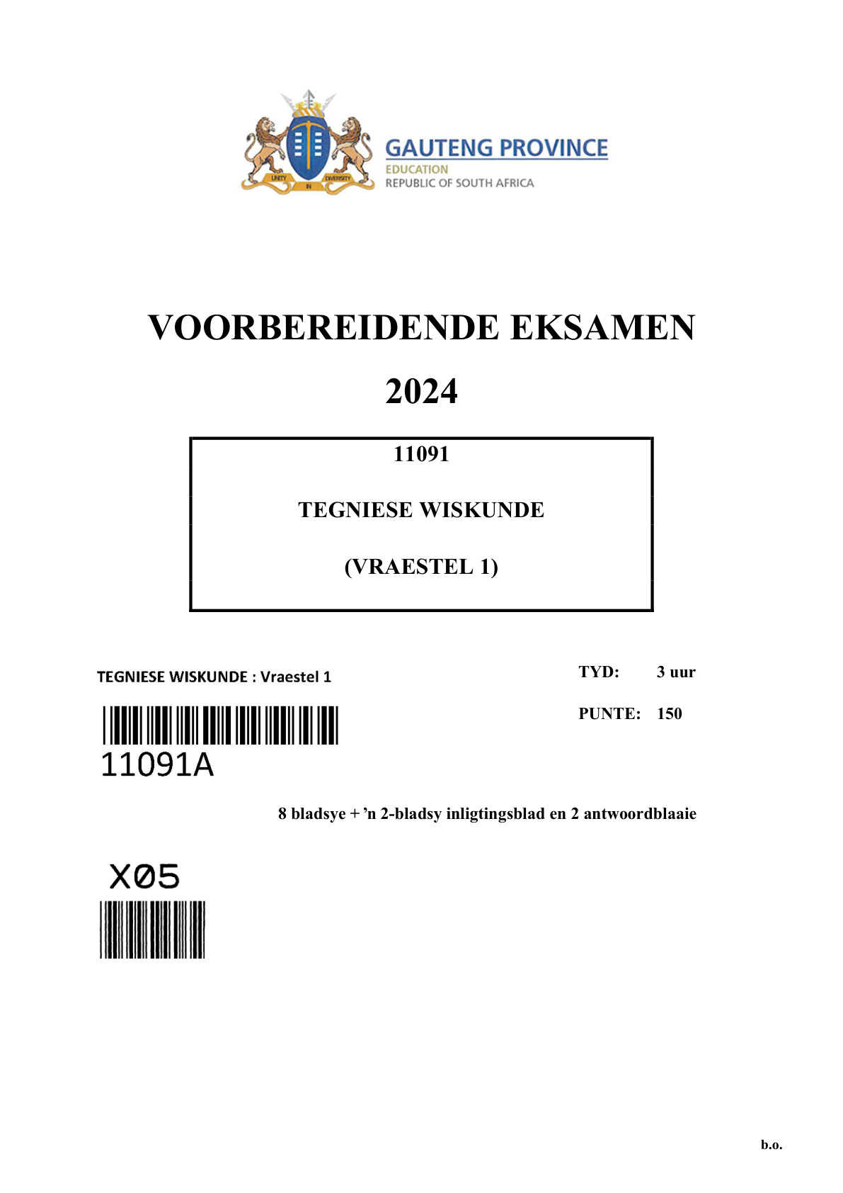 Technical Mathematics Paper 1 (Gauteng) Preparatory 2024 Grade 12 DBE
