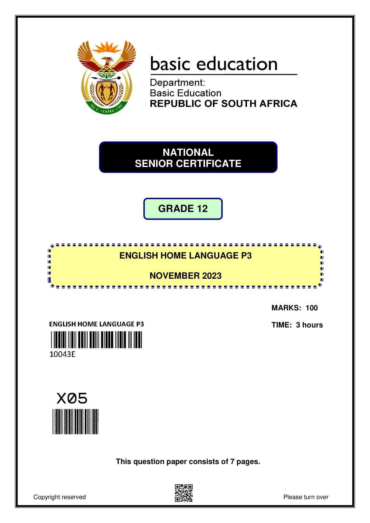 English Home Language Paper 3 (Gauteng) November 2023 Grade 12 DBE