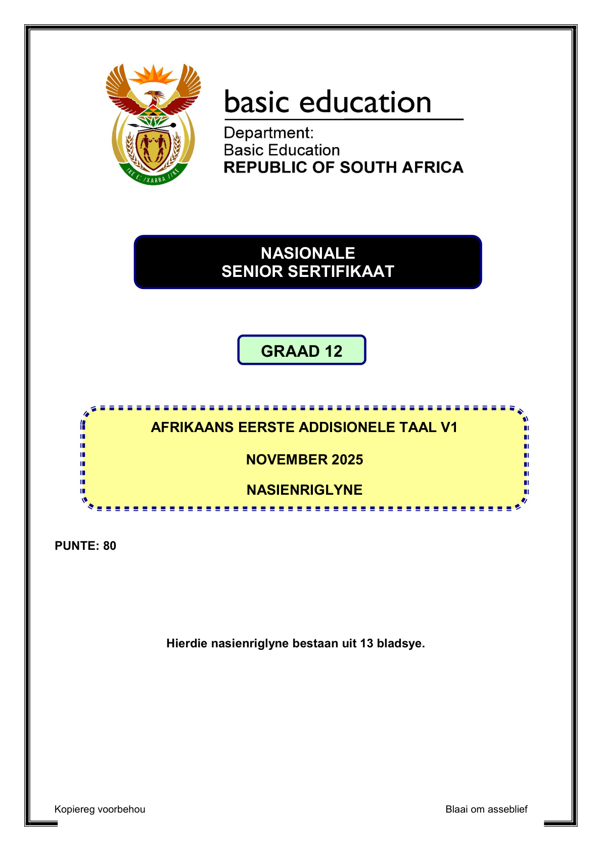 Afrikaans First Additional Language Grade 12 DBE NSC November 2025 Paper 1 - Memo (Eastern Cape)