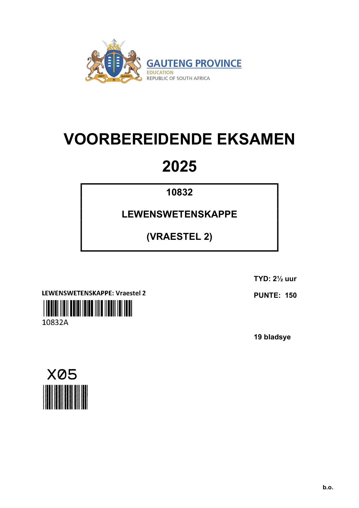 Life Sciences Paper 2 (Gauteng) Preparatory 2025 Grade 12 DBE