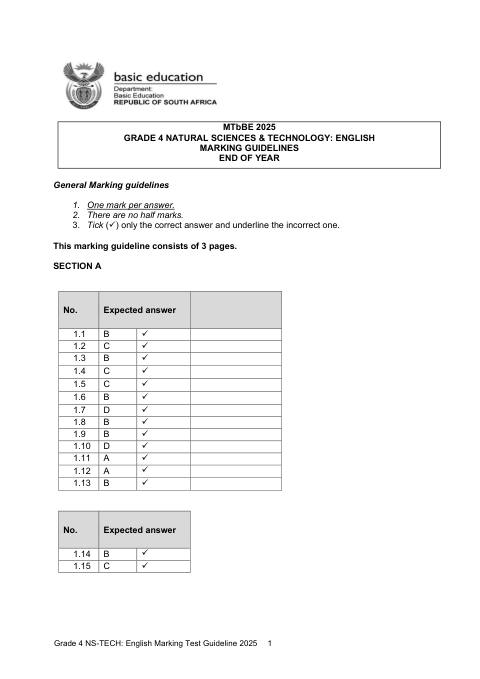Natural Sciences And Technology Grade 4 DBE Caps November 2025 - Memo (Eastern Cape)