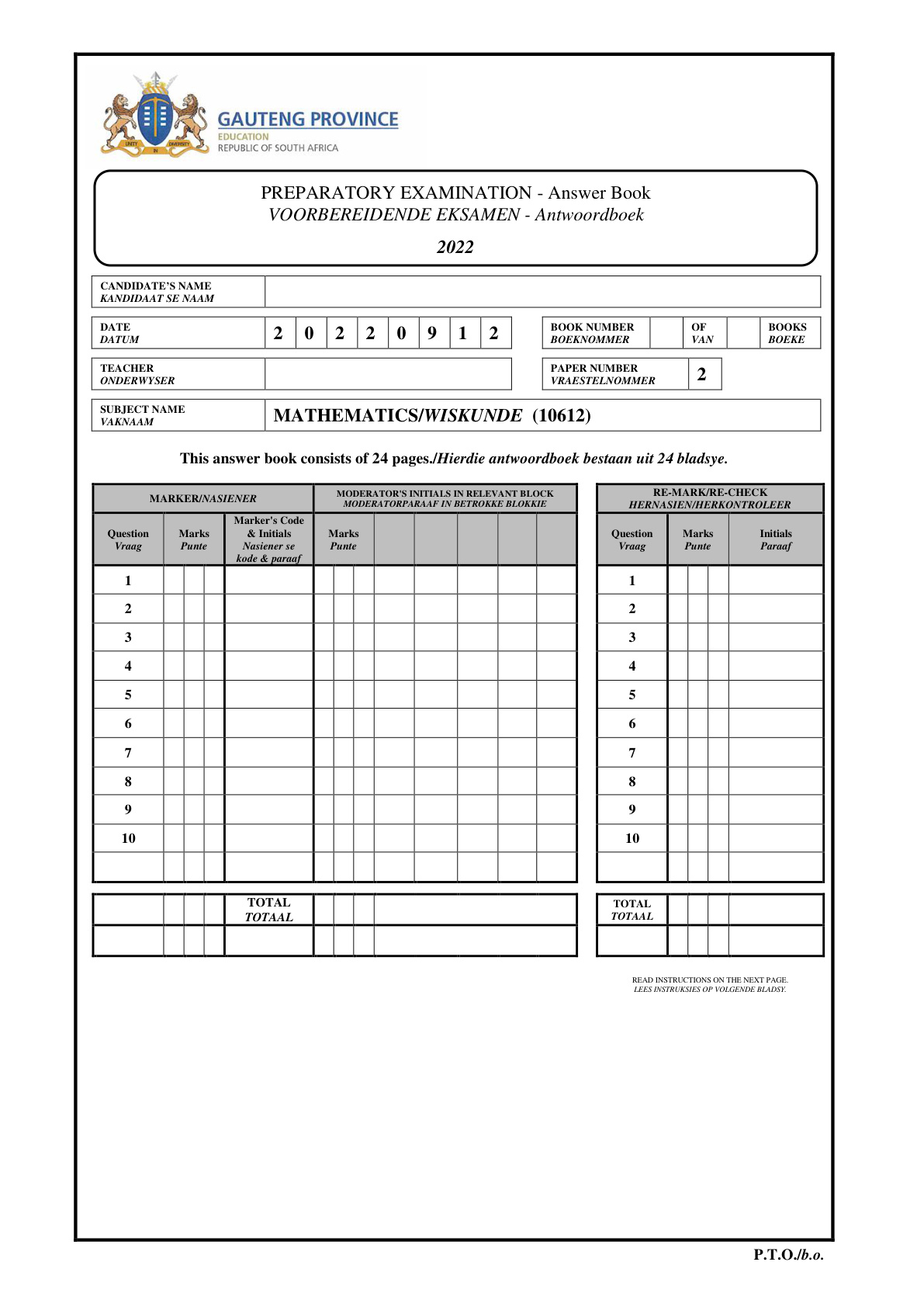 Mathematics Paper 2 Answer Book (Gauteng) Preparatory 2022 Grade 12 DBE