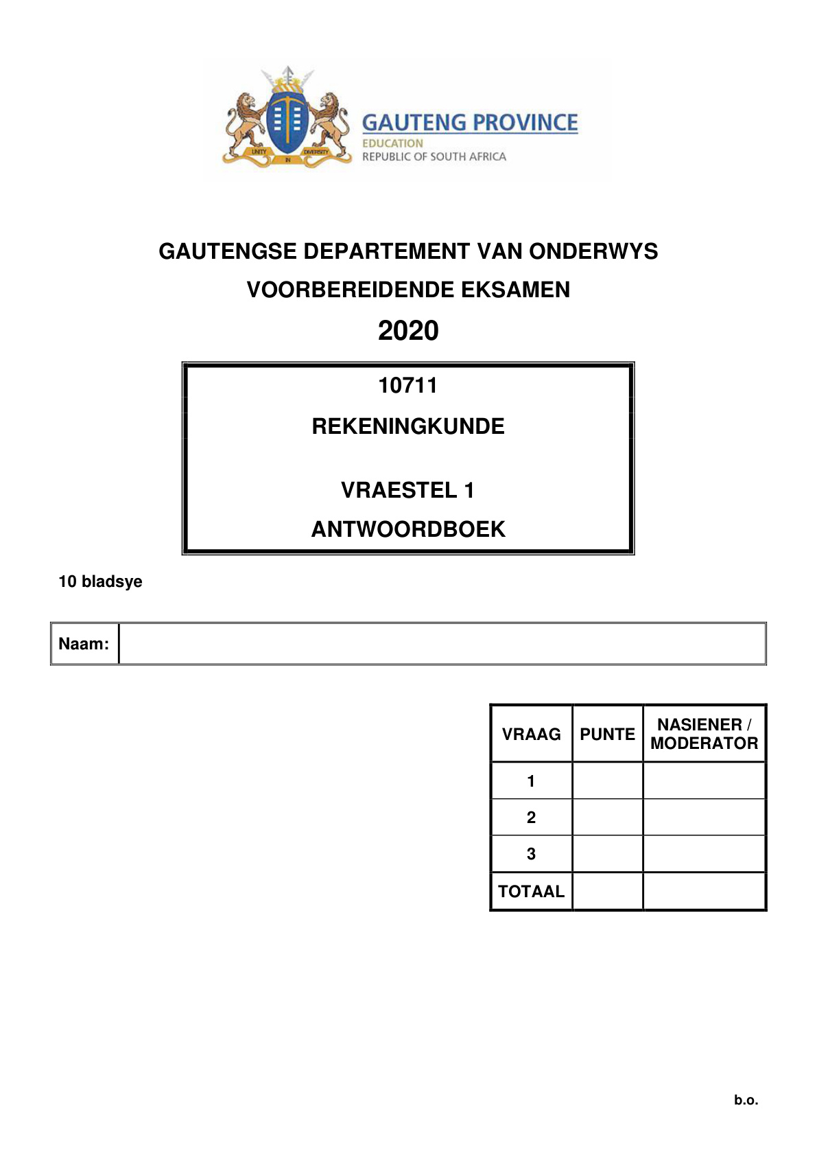 Accounting Paper 1 Answer Book (Gauteng) Preparatory 2020 Grade 12 DBE
