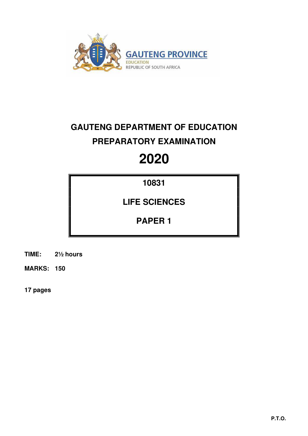 Life Sciences Paper 1 (Gauteng) Preparatory 2020 Grade 12 DBE