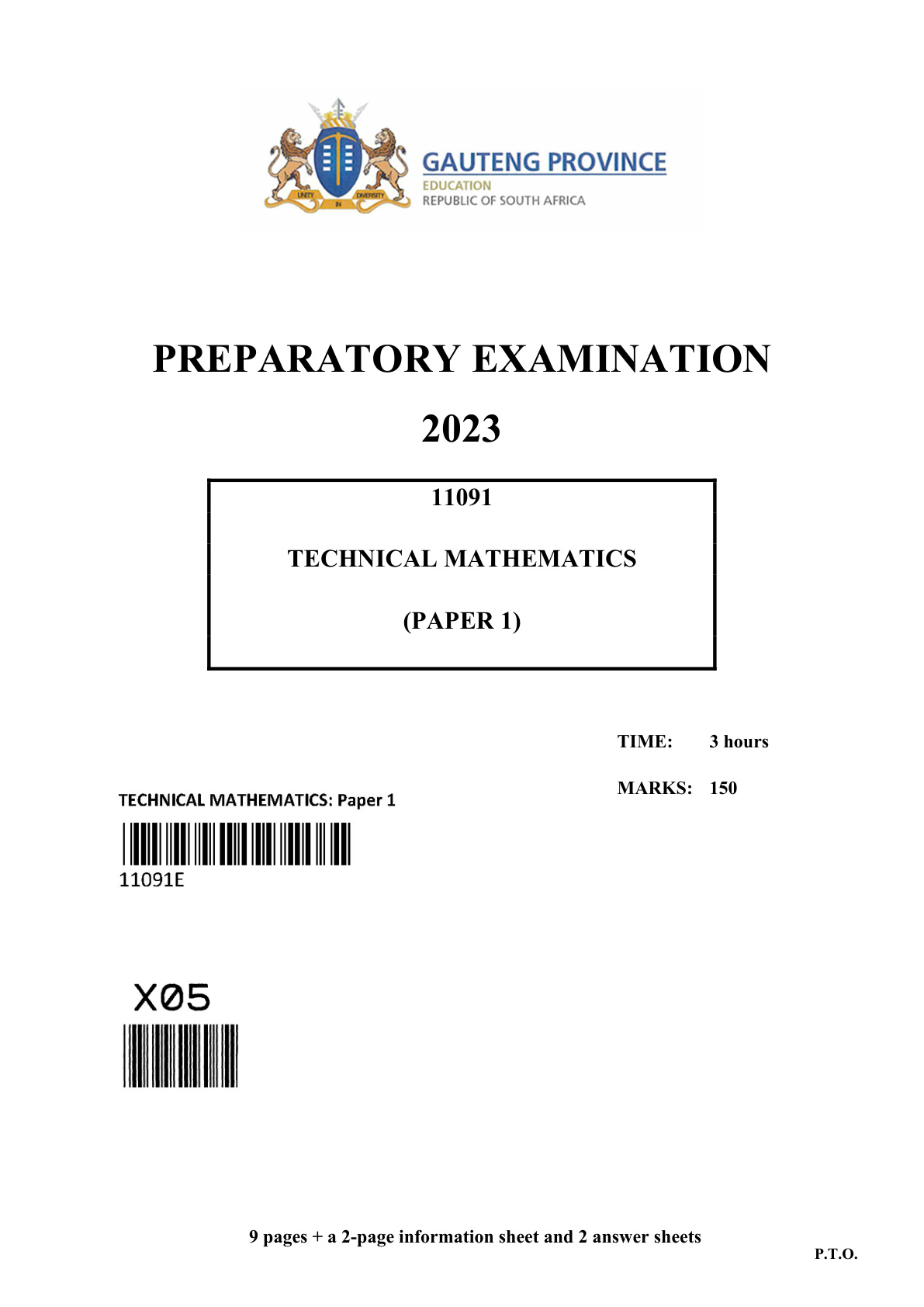 Technical Mathematics Paper 1 (Gauteng) Preparatory 2023 Grade 12 DBE