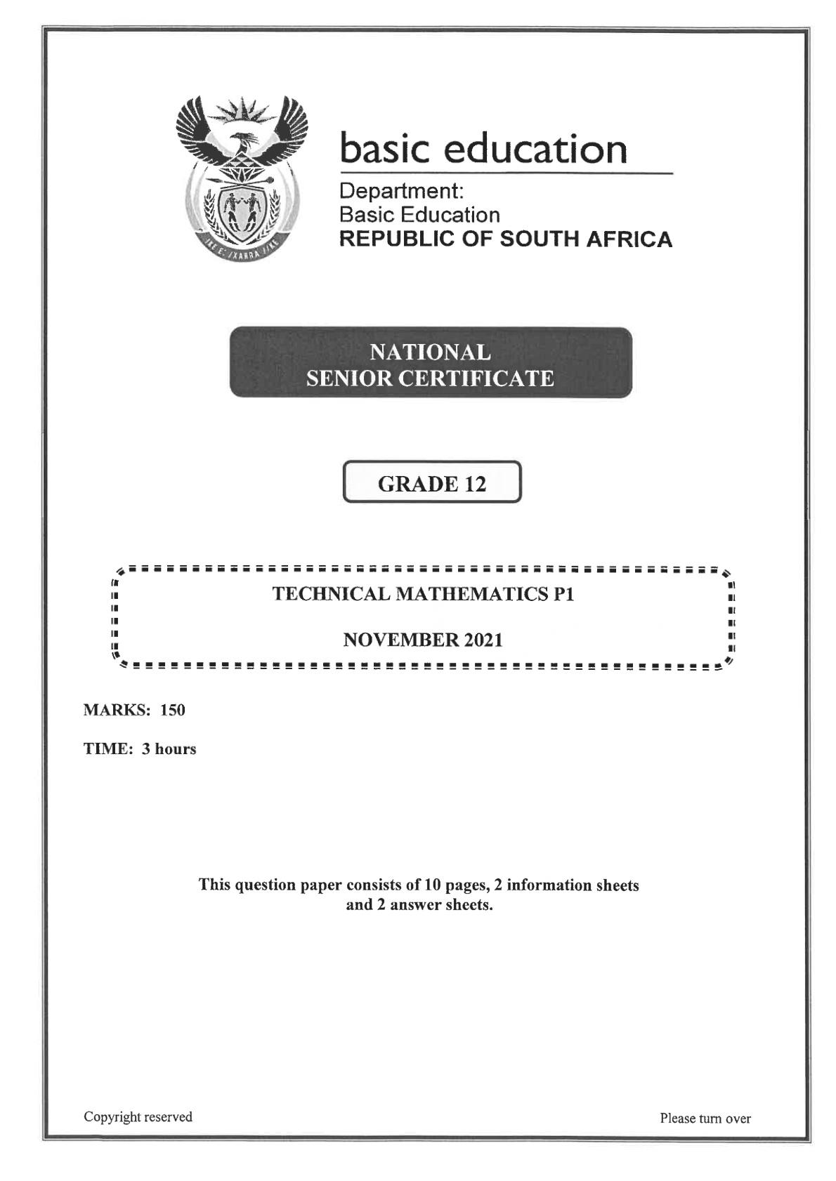 Technical Mathematics Paper 1 (Gauteng) November 2021 Grade 12 DBE