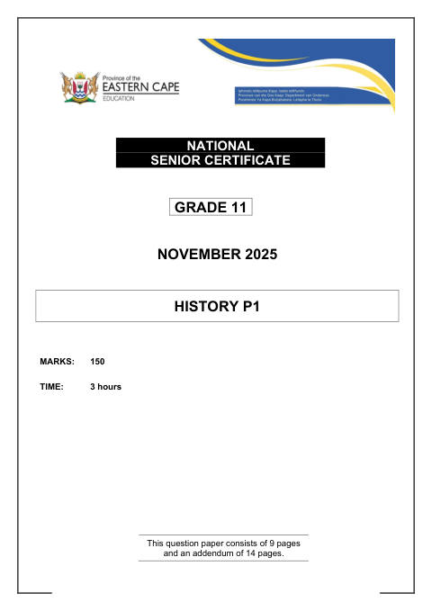 History Grade 11 DBE Caps November 2025 Paper 1 - Question Paper (Eastern Cape)