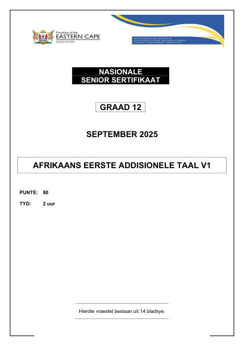 Afrikaans First Additional Language Grade 12 DBE Caps September 2025 Paper 1 - Question Paper (Eastern Cape)