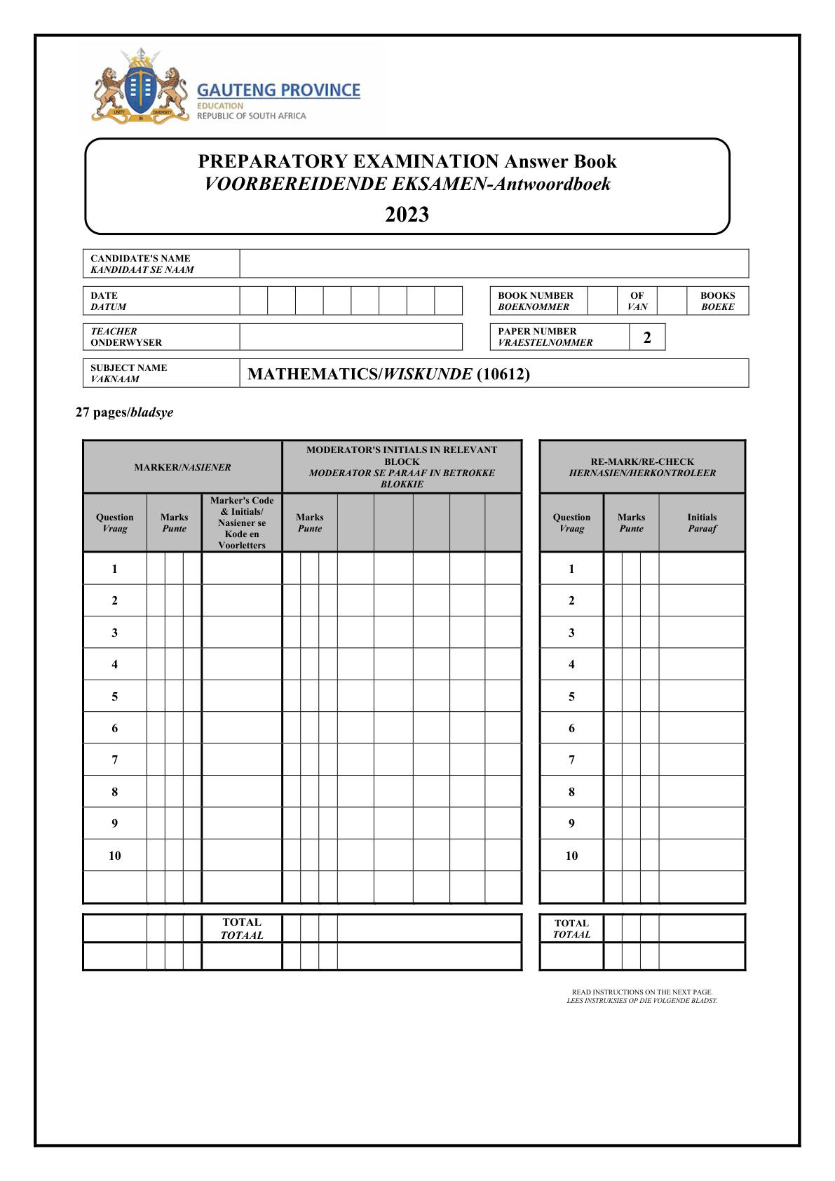Mathematics Paper 2 Answer Book (Gauteng) Preparatory 2023 Grade 12 DBE
