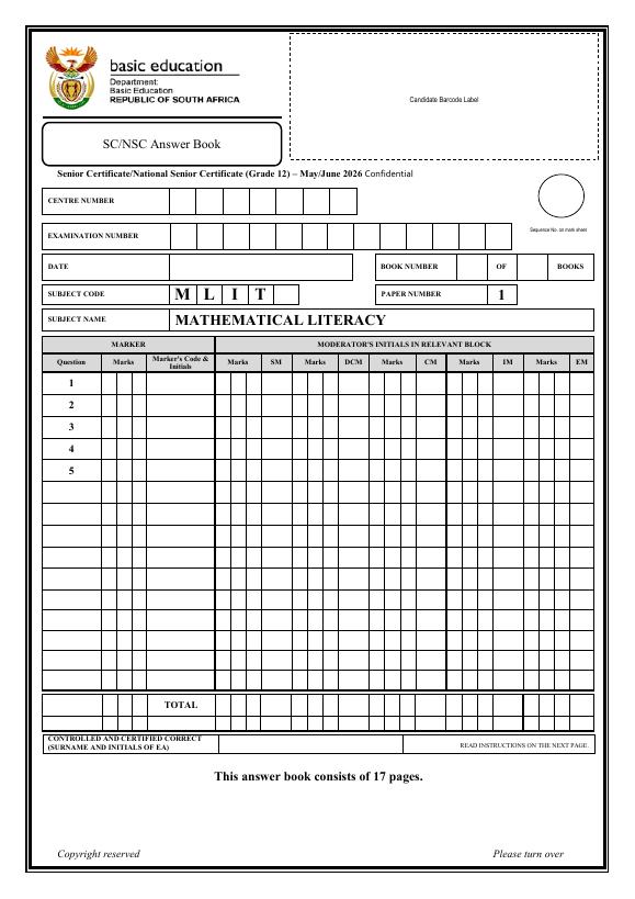 Mathematical Literacy Grade 12 DBE Caps May 2026 Paper 1 - Answer Book