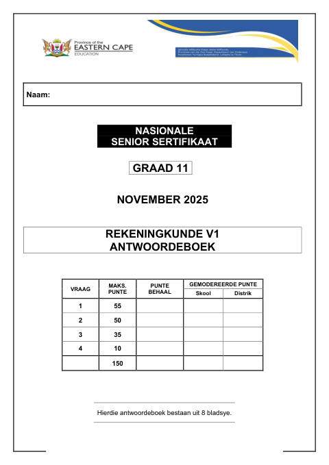 Accounting Grade 11 DBE Caps November 2025 Paper 1 - Answer Book (Eastern Cape)