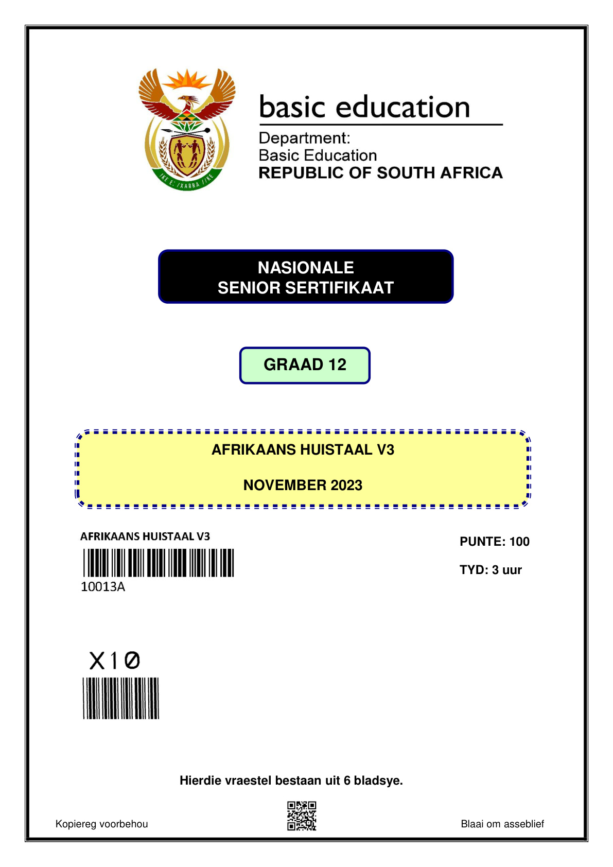 Afrikaans Home Language Paper 3 (Gauteng) November 2023 Grade 12 DBE