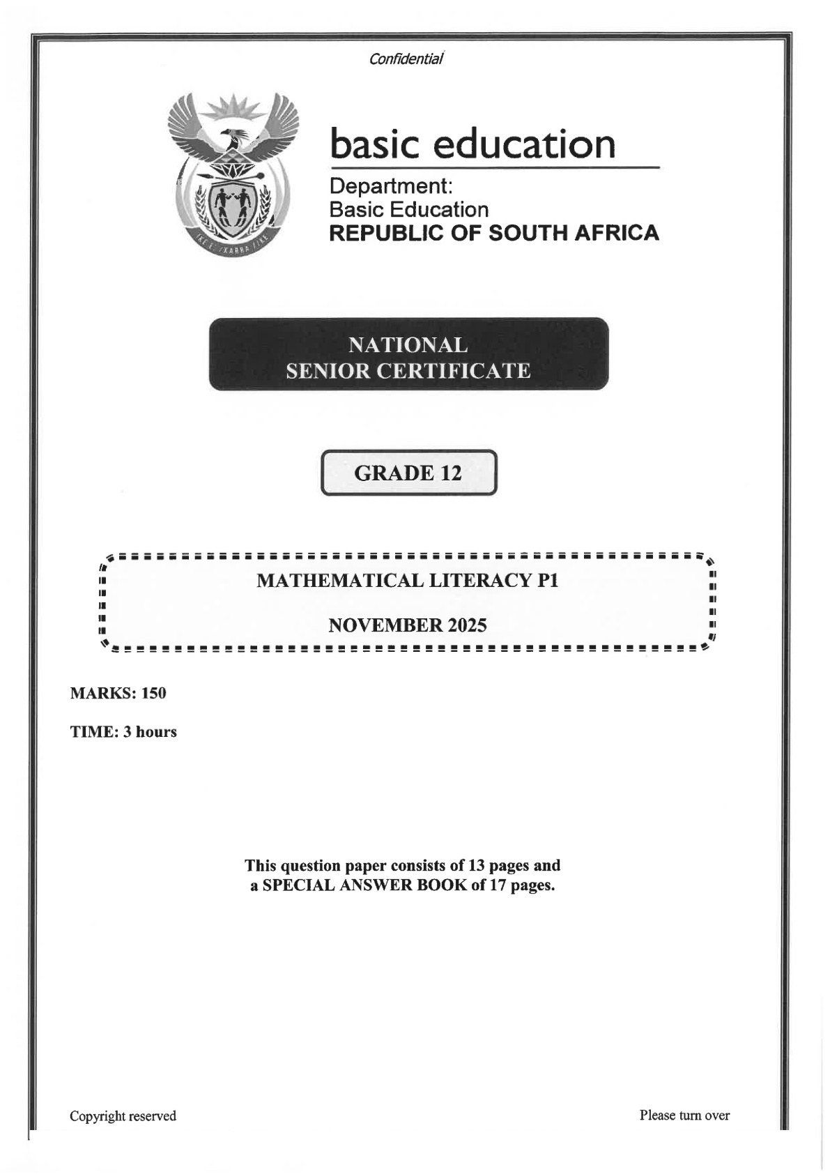 Mathematical Literacy Grade 12 DBE NSC November 2025 Paper 1 - Question Paper (Eastern Cape)