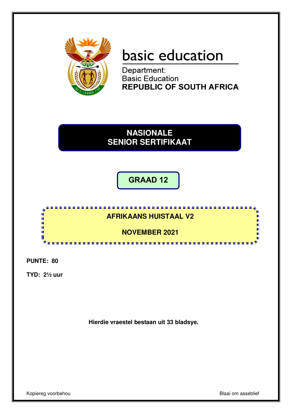 Afrikaans Home Language Paper 2 (Gauteng) November 2021 Grade 12 DBE