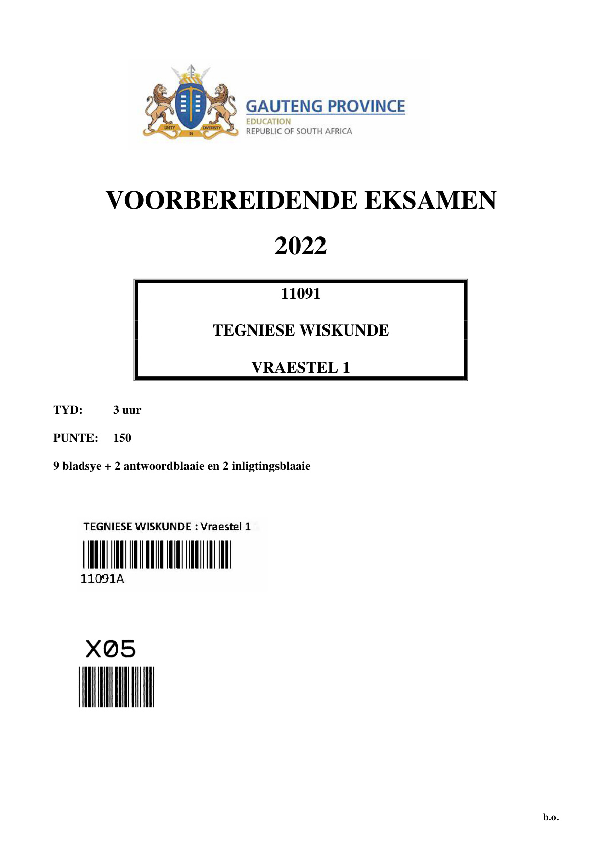Technical Mathematics Paper 1 (Gauteng) Preparatory 2022 Grade 12 DBE