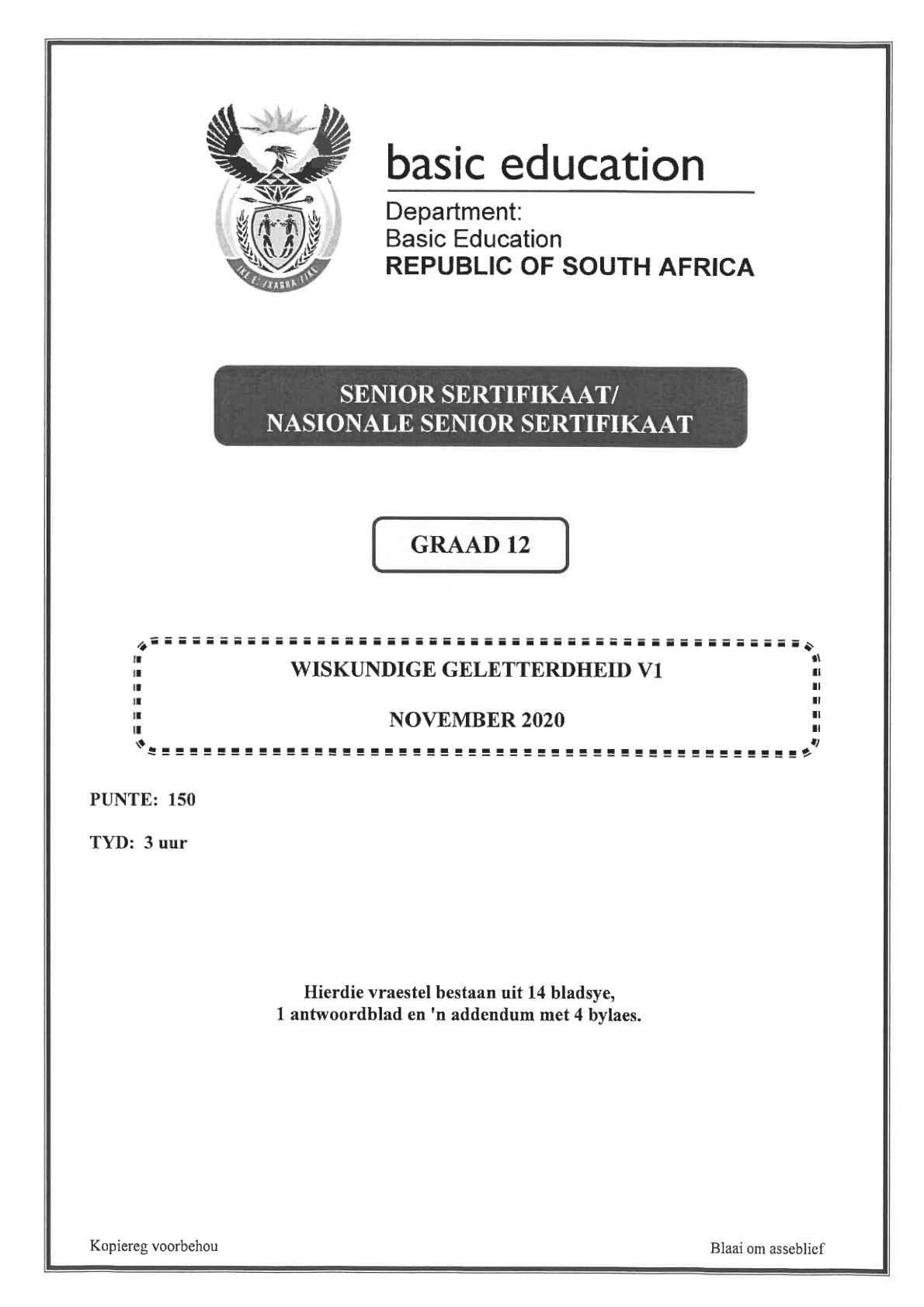 Mathematical Literacy Paper 1 (Gauteng) November 2020 Grade 12 DBE