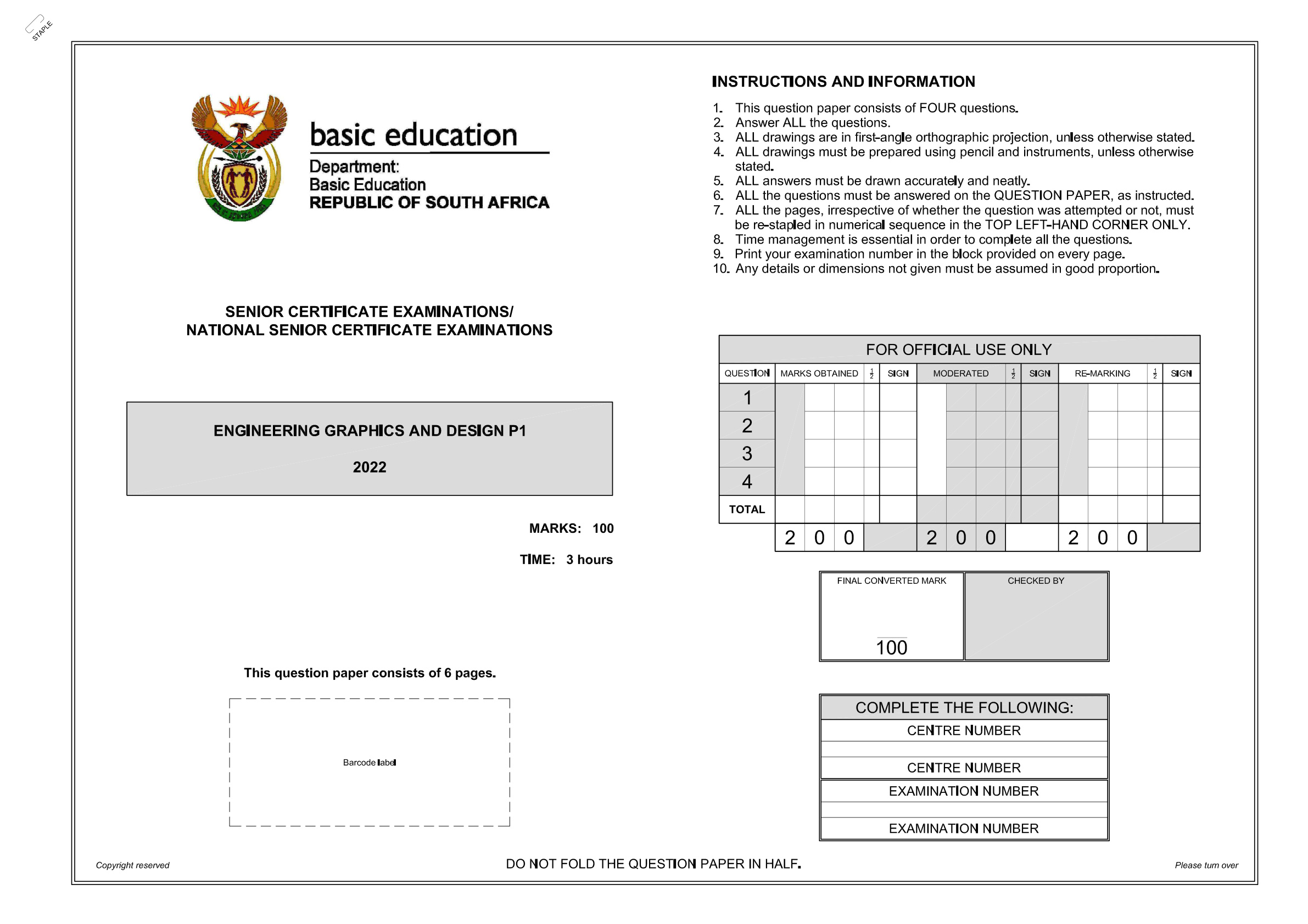 Engineering Graphics And Design Paper 1 (Gauteng) June 2022 Grade 12 DBE