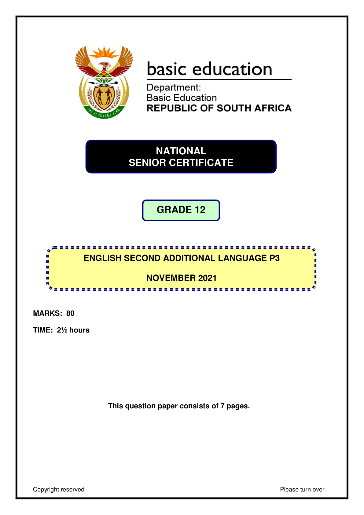 English Second Additional Language Paper 3 November 2021 Grade 12 DBE