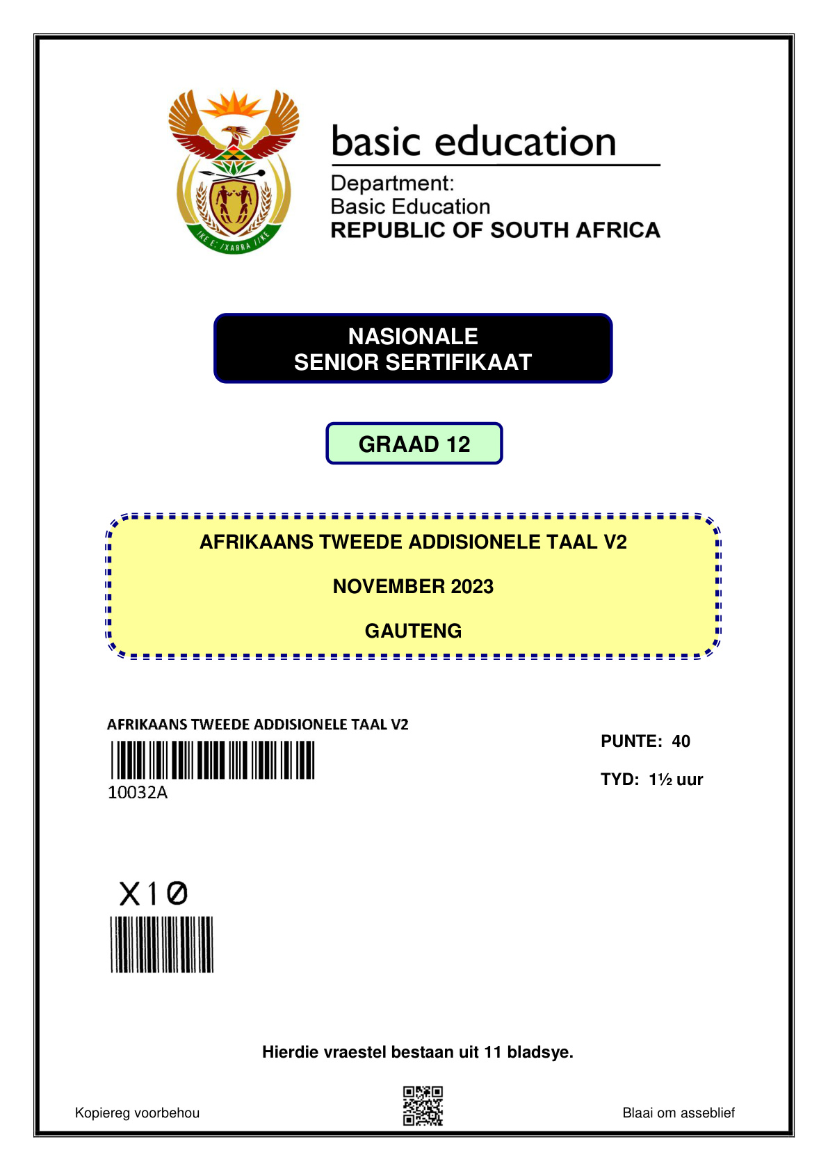 Afrikaans Second Additional Language Paper 2 (Gauteng) November 2023 Grade 12 DBE