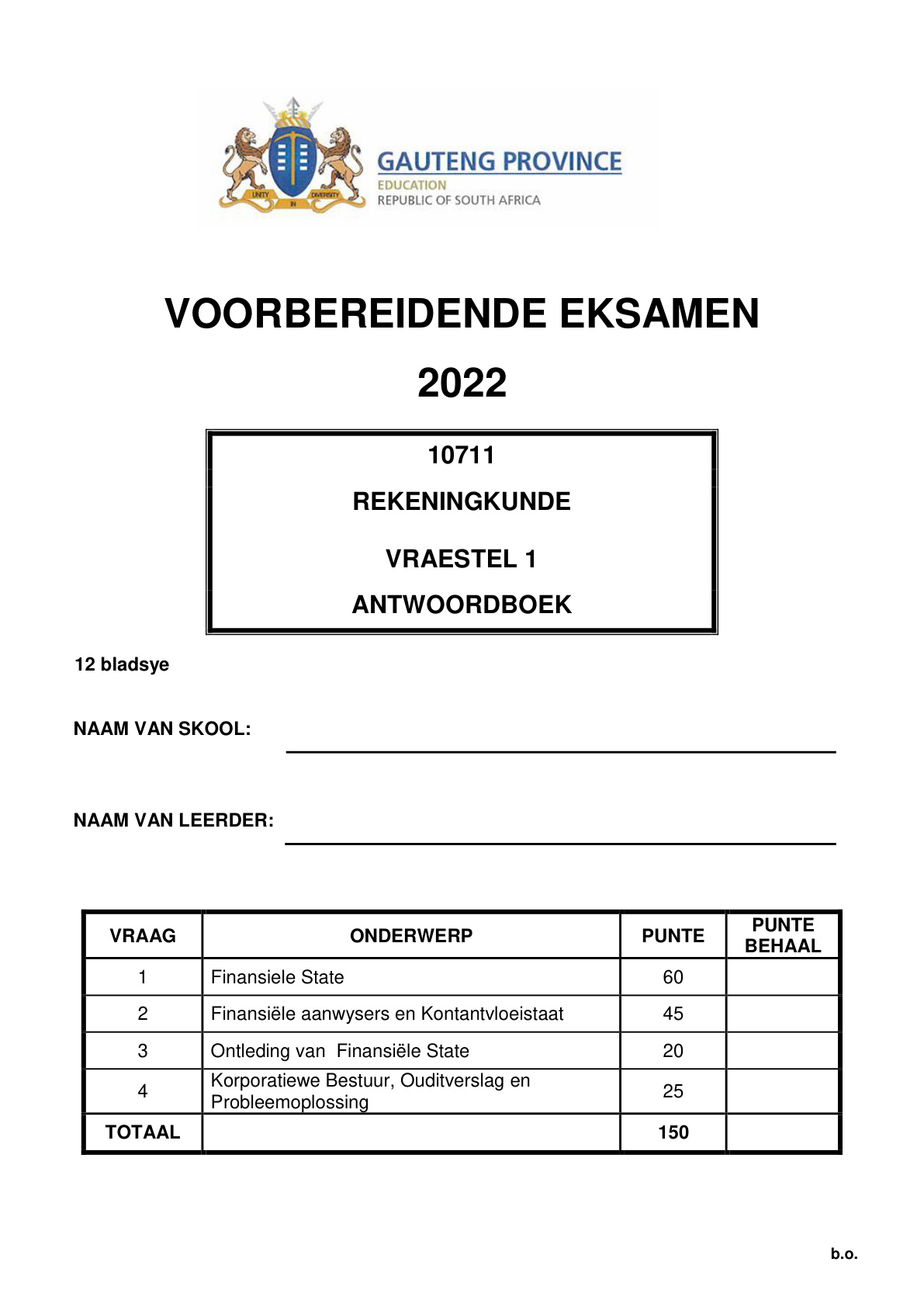 Accounting Paper 1 Answer Book (Gauteng) Preparatory 2022 Grade 12 DBE