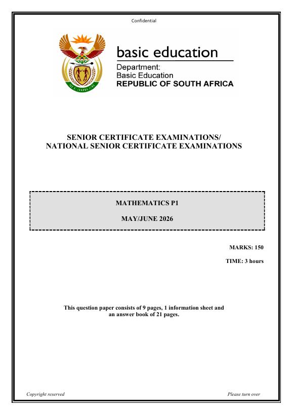 Mathematics Grade 12 DBE Caps May 2026 Paper 1 - Question Paper