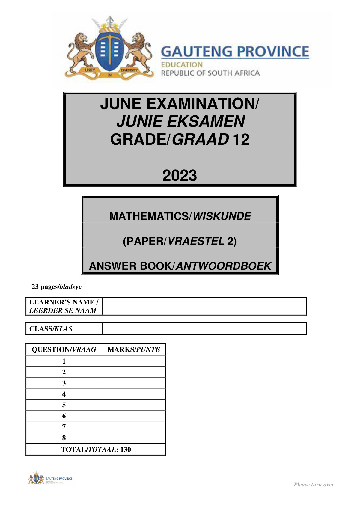 Mathematics Paper 2 Answer Book (Gauteng) June 2023 Grade 12 DBE