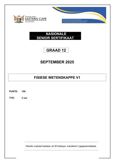 Physical Sciences Grade 12 DBE Caps September 2025 Paper 1 - Question Paper (Eastern Cape)