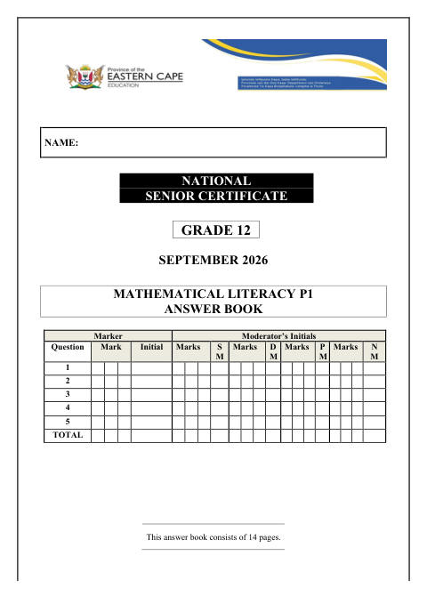 Mathematical Literacy Grade 12 DBE Caps September 2026 Paper 1 - Question Paper (Eastern Cape)