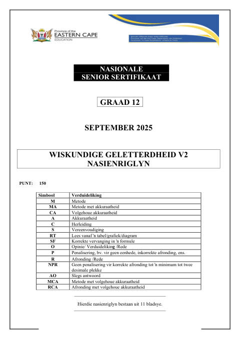 Mathematical Literacy Grade 12 DBE Caps September 2025 - Memo (Eastern Cape)