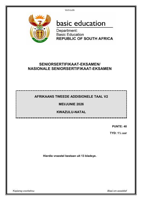 Afrikaans Second Additional Language Grade 12 DBE CAPS May 2026 Paper 2 - Question Paper (KwaZulu-Natal)