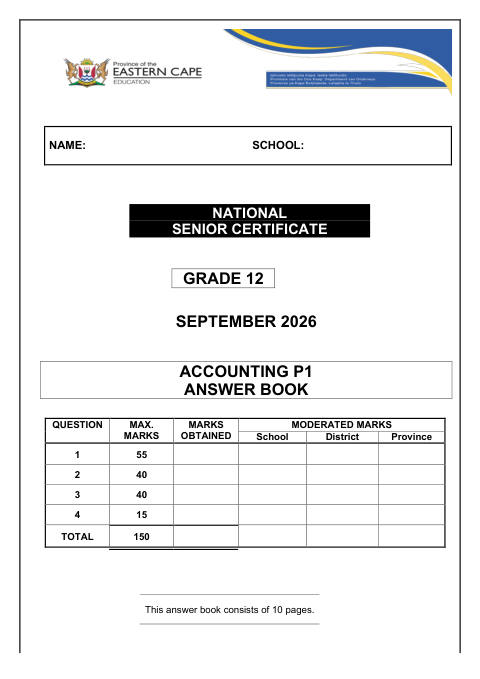 Accounting Grade 12 DBE Caps September 2026 Paper 1 - Answer Book (Eastern Cape)
