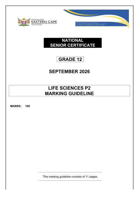 Life Sciences Grade 12 DBE Caps September 2026 Paper 2 - Memo (Eastern Cape)