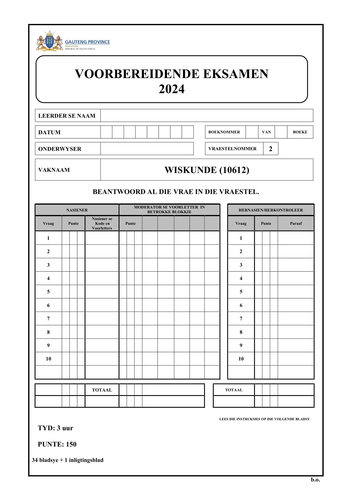 Mathematics Paper 2 (Gauteng) Preparatory 2024 Grade 12 DBE