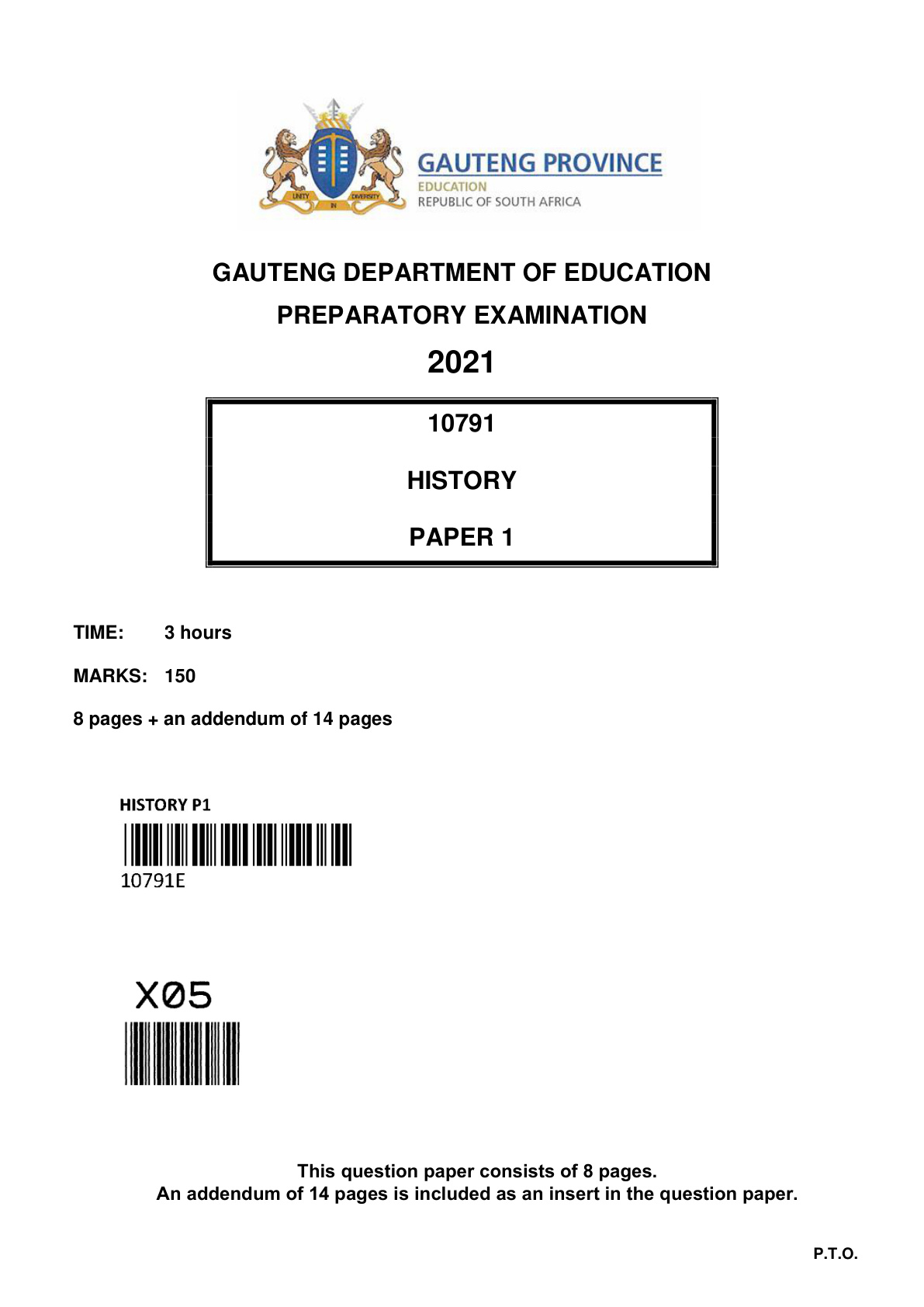 History Paper 1 (Gauteng) Preparatory 2021 Grade 12 DBE