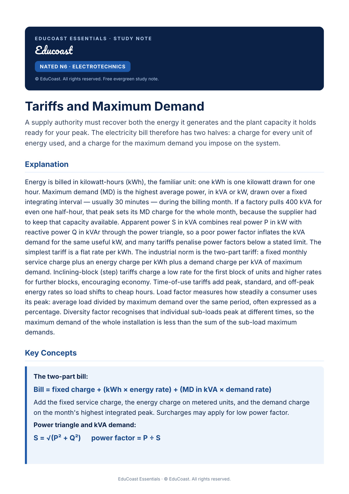 Tariffs And Maximum Demand — N6 Electrotechnics (Nated)